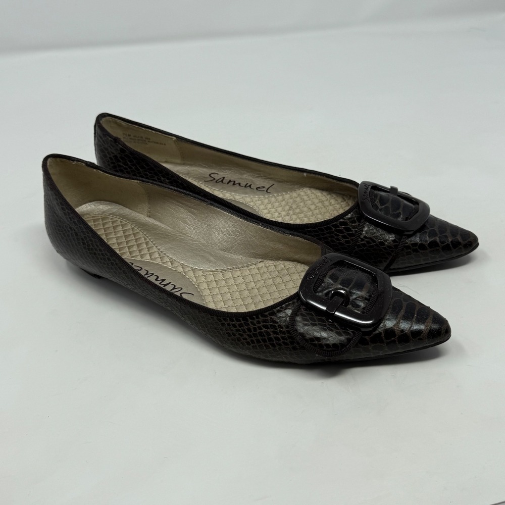 Samuel Jallie Brown black Snakeskin Embossed Pointed Toe Buckle Flats 7.5M